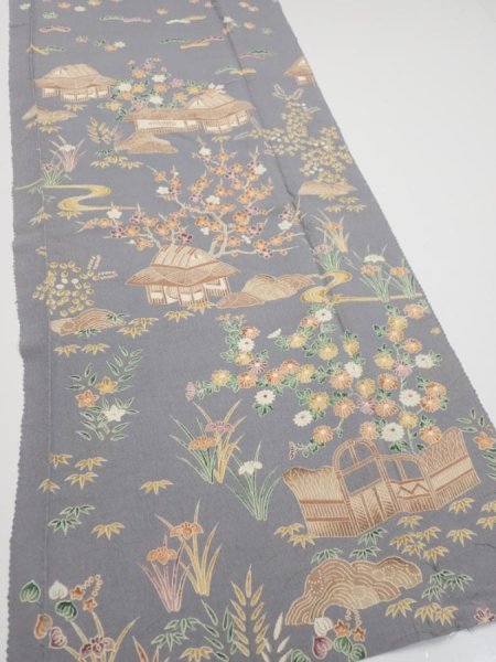 Photo2: 3B03z90  Japanese Kimono Silk  FABRIC Scenery Gray 65.0x13.8 (2)