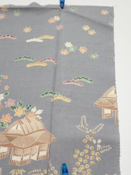 Photo7: 3B03z90  Japanese Kimono Silk  FABRIC Scenery Gray 65.0x13.8 (7)