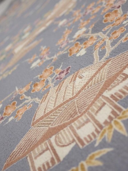 Photo4: 3B04z90  Japanese Kimono Silk  FABRIC Scenery Gray 65.4x13.8 (4)