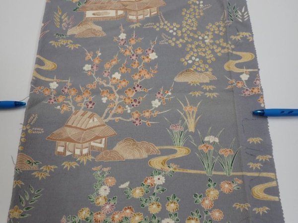 Photo6: 3B06z90  Japanese Kimono Silk  FABRIC Scenery Gray 64.6x14.0 (6)