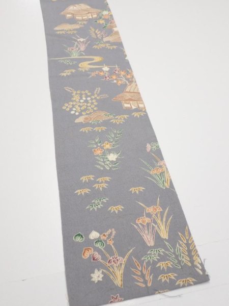 Photo2: 3B07z50  Japanese Kimono Silk  FABRIC Scenery Gray 59.1x6.9 (2)