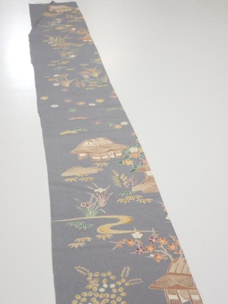 Photo3: 3B07z50  Japanese Kimono Silk  FABRIC Scenery Gray 59.1x6.9 (3)