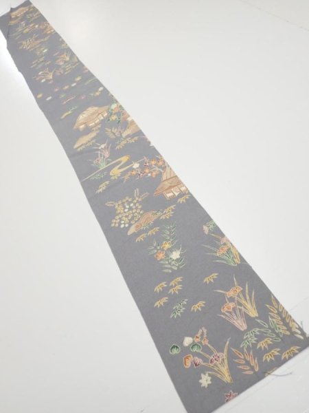 Photo5: 3B07z50  Japanese Kimono Silk  FABRIC Scenery Gray 59.1x6.9 (5)