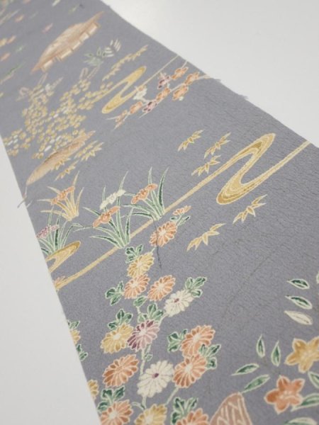 Photo1: 3B08z40  Japanese Kimono Silk  FABRIC Scenery Gray 58.3x6.9 (1)