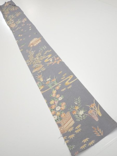Photo5: 3B08z40  Japanese Kimono Silk  FABRIC Scenery Gray 58.3x6.9 (5)