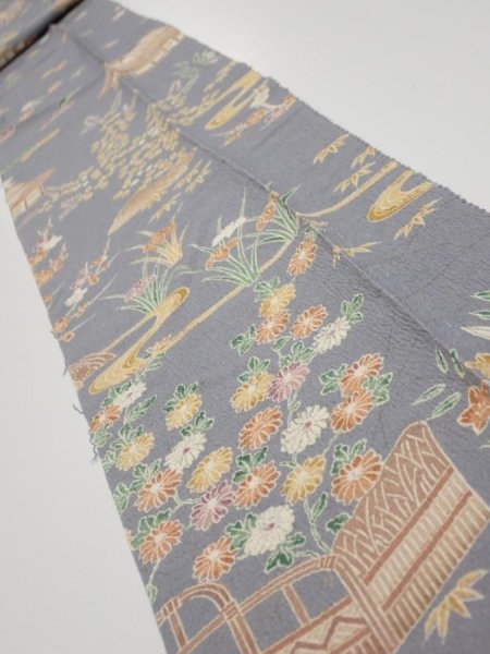 Photo1: 3B09z50  Japanese Kimono Silk  FABRIC Scenery Gray 72.0x6.9 (1)