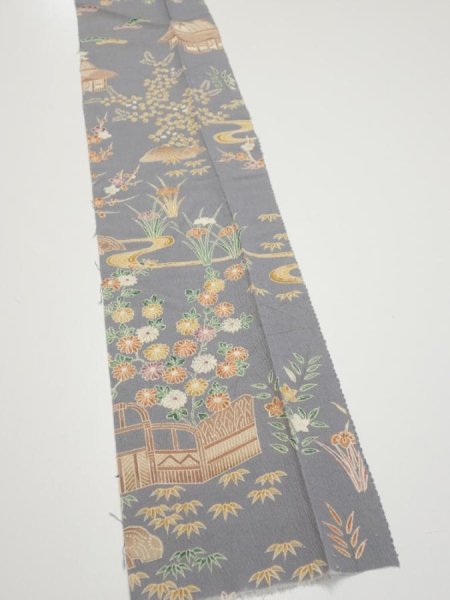 Photo2: 3B09z50  Japanese Kimono Silk  FABRIC Scenery Gray 72.0x6.9 (2)