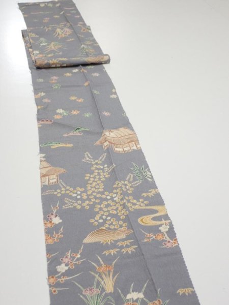 Photo3: 3B09z50  Japanese Kimono Silk  FABRIC Scenery Gray 72.0x6.9 (3)