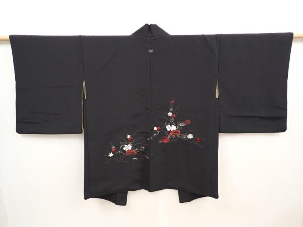 Photo1: 6616T02z550 Vintage Japanese Kimono Silk HAORI Flowers Black (1)