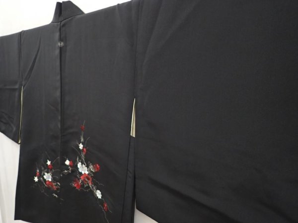Photo2: 6616T02z550 Vintage Japanese Kimono Silk HAORI Flowers Black (2)