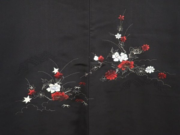 Photo3: 6616T02z550 Vintage Japanese Kimono Silk HAORI Flowers Black (3)
