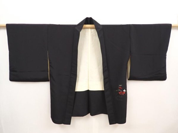 Photo6: 6616T02z550 Vintage Japanese Kimono Silk HAORI Flowers Black (6)