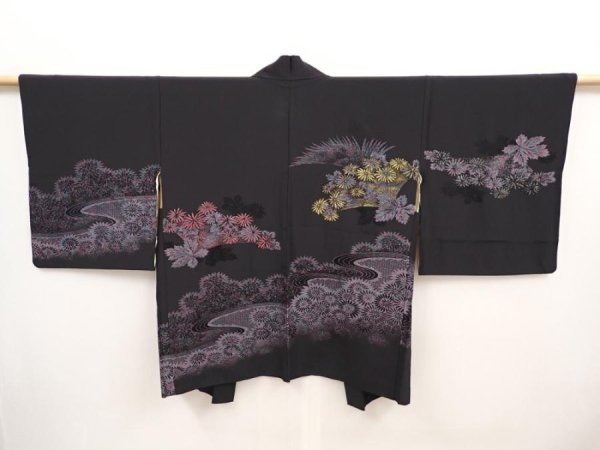 Photo1: 6616T04z550 Vintage Japanese Kimono Silk HAORI Chrysanthemum Black (1)