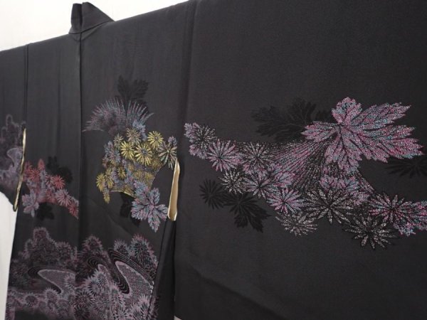 Photo2: 6616T04z550 Vintage Japanese Kimono Silk HAORI Chrysanthemum Black (2)