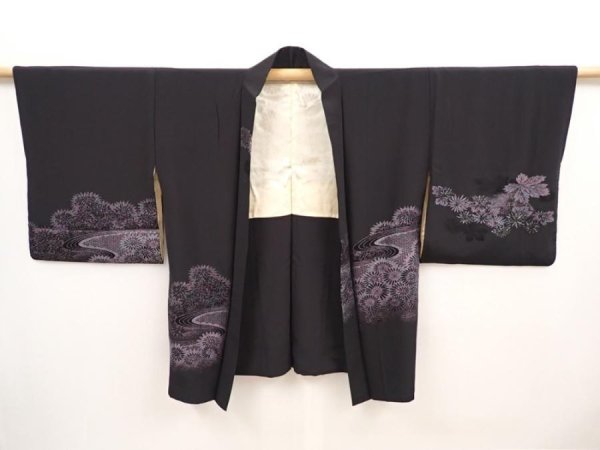 Photo5: 6616T04z550 Vintage Japanese Kimono Silk HAORI Chrysanthemum Black (5)