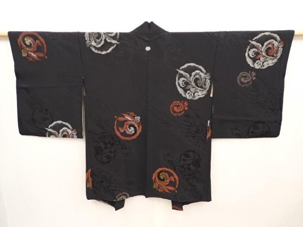 Photo1: 6616T06z610 Vintage Japanese Kimono Silk HAORI  Black (1)