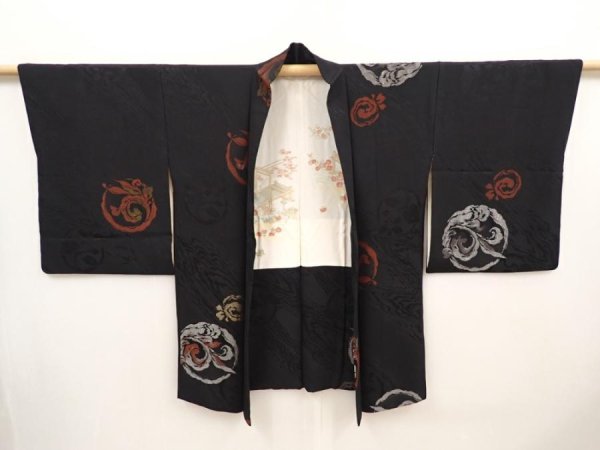 Photo6: 6616T06z610 Vintage Japanese Kimono Silk HAORI  Black (6)