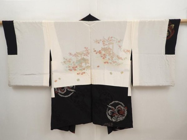 Photo7: 6616T06z610 Vintage Japanese Kimono Silk HAORI  Black (7)