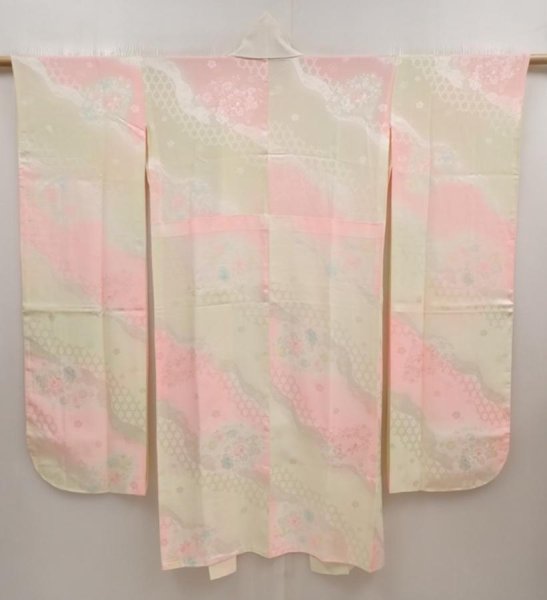 Photo1: 6616T07z700 Vintage Japanese Kimono Silk  FURISODE JUBAN Flowers Pink (1)