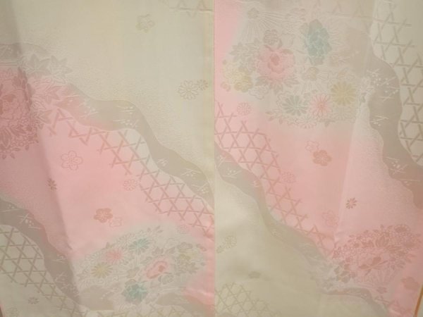 Photo3: 6616T07z700 Vintage Japanese Kimono Silk  FURISODE JUBAN Flowers Pink (3)