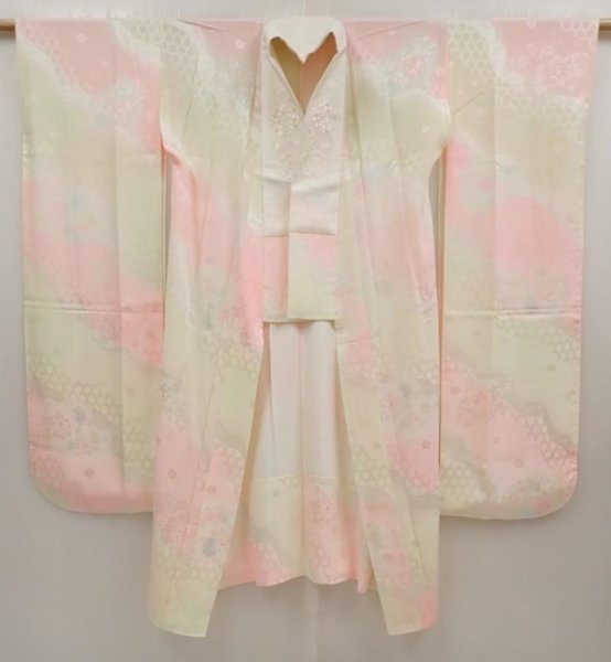 Photo7: 6616T07z700 Vintage Japanese Kimono Silk  FURISODE JUBAN Flowers Pink (7)