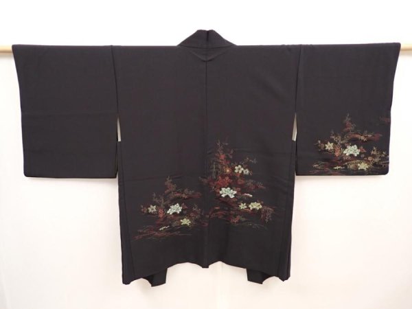 Photo1: 6616T08z550 Vintage Japanese Kimono Silk HAORI Flowers Black (1)