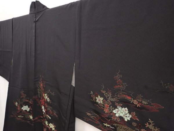 Photo2: 6616T08z550 Vintage Japanese Kimono Silk HAORI Flowers Black (2)