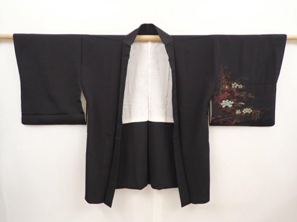 Photo5: 6616T08z550 Vintage Japanese Kimono Silk HAORI Flowers Black (5)