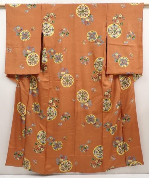 Photo1: 6616T10z630 Vintage Japanese Kimono Silk KOMON Flowers Orange-Brown (1)