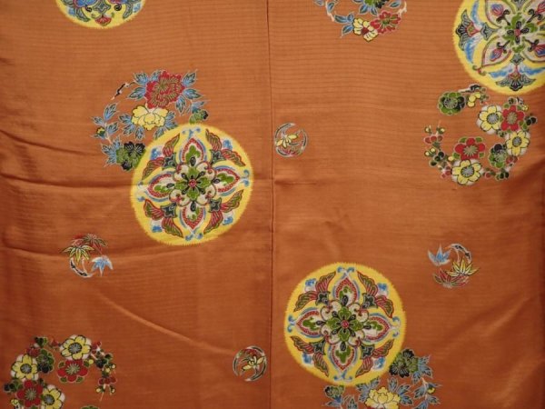 Photo5: 6616T10z630 Vintage Japanese Kimono Silk KOMON Flowers Orange-Brown (5)