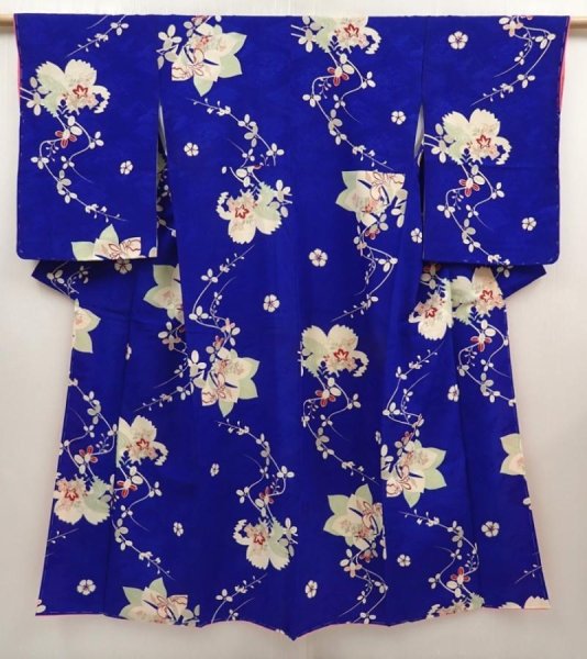 Photo1: 6616T11z640 Vintage Japanese Kimono Synthetic KOMON Flowers (1)