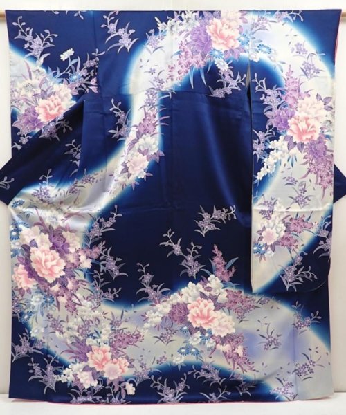 Photo1: 6616T12z1130  Japanese Kimono Silk FURISODE Peony Dark navy (1)