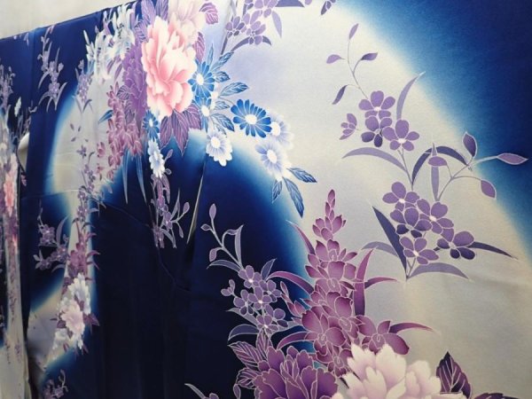 Photo2: 6616T12z1130  Japanese Kimono Silk FURISODE Peony Dark navy (2)