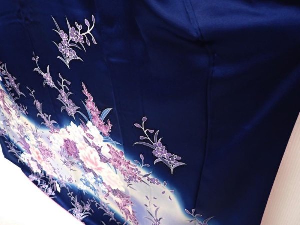 Photo4: 6616T12z1130  Japanese Kimono Silk FURISODE Peony Dark navy (4)