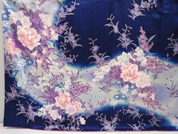 Photo5: 6616T12z1130  Japanese Kimono Silk FURISODE Peony Dark navy (5)