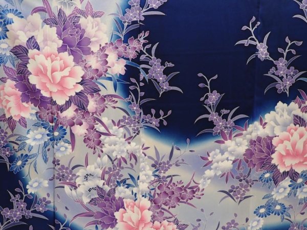 Photo8: 6616T12z1130  Japanese Kimono Silk FURISODE Peony Dark navy (8)