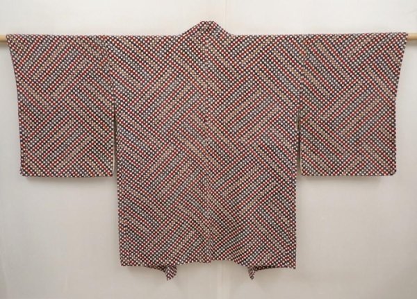 Photo2: 6617T01z610 Vintage Japanese Kimono Silk HAORI  Dark red Off-white (2)