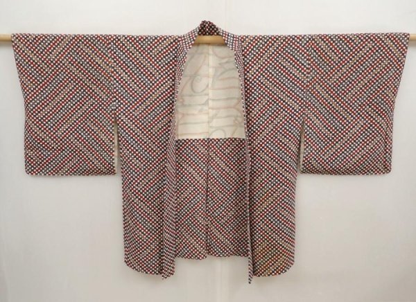 Photo5: 6617T01z610 Vintage Japanese Kimono Silk HAORI  Dark red Off-white (5)