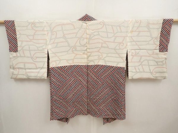 Photo6: 6617T01z610 Vintage Japanese Kimono Silk HAORI  Dark red Off-white (6)