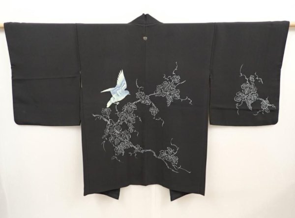 Photo1: 6617T02z570 Vintage Japanese Kimono Silk HAORI Bird Black (1)