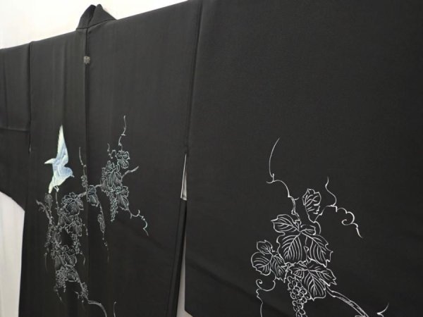 Photo2: 6617T02z570 Vintage Japanese Kimono Silk HAORI Bird Black (2)