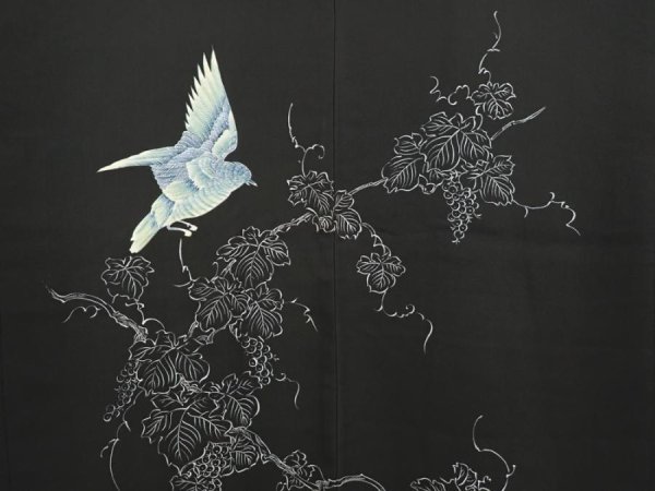 Photo3: 6617T02z570 Vintage Japanese Kimono Silk HAORI Bird Black (3)