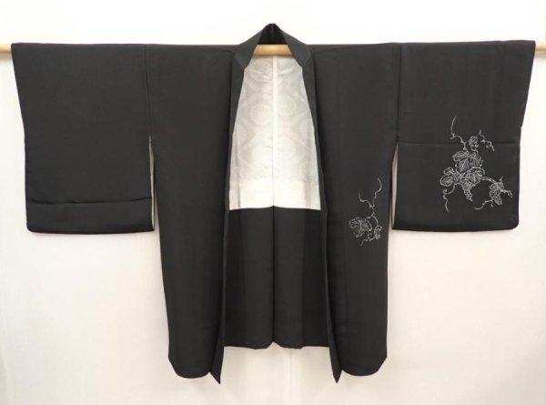 Photo7: 6617T02z570 Vintage Japanese Kimono Silk HAORI Bird Black (7)