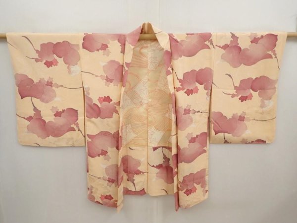 Photo5: 6617T03z600 Vintage Japanese Kimono Silk HAORI Paulownia Cream-Orange (5)