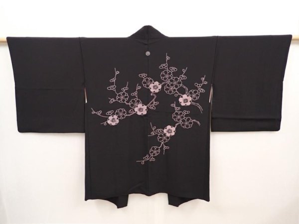 Photo1: 6617T04z660 Vintage Japanese Kimono Silk HAORI Plum blossom Black Embro (1)