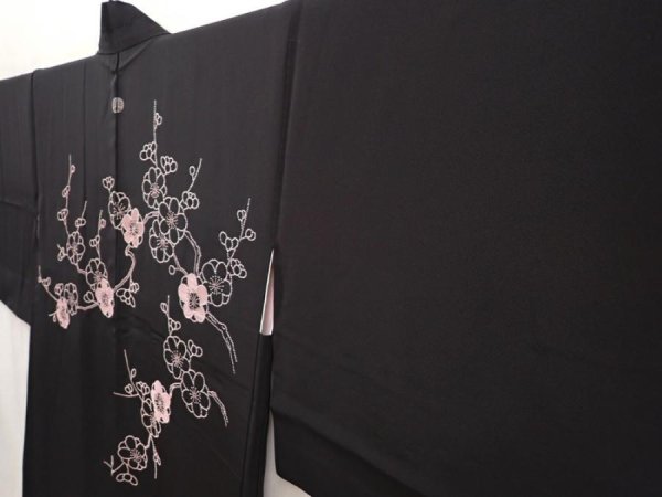 Photo2: 6617T04z660 Vintage Japanese Kimono Silk HAORI Plum blossom Black Embro (2)