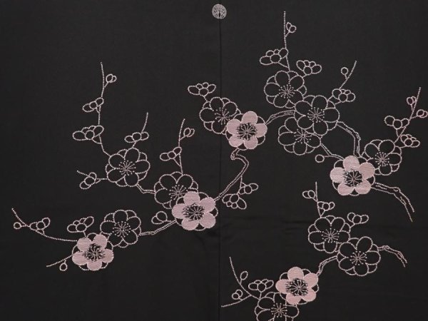 Photo3: 6617T04z660 Vintage Japanese Kimono Silk HAORI Plum blossom Black Embro (3)