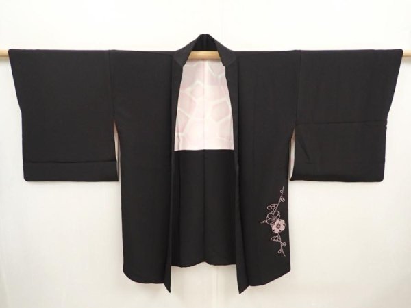 Photo6: 6617T04z660 Vintage Japanese Kimono Silk HAORI Plum blossom Black Embro (6)