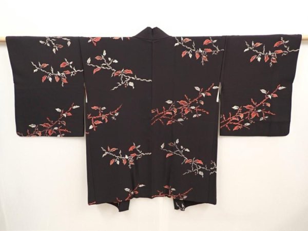 Photo1: 6617T06z650 Vintage Japanese Kimono Silk HAORI Leaf Black (1)