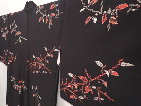 Photo2: 6617T06z650 Vintage Japanese Kimono Silk HAORI Leaf Black (2)